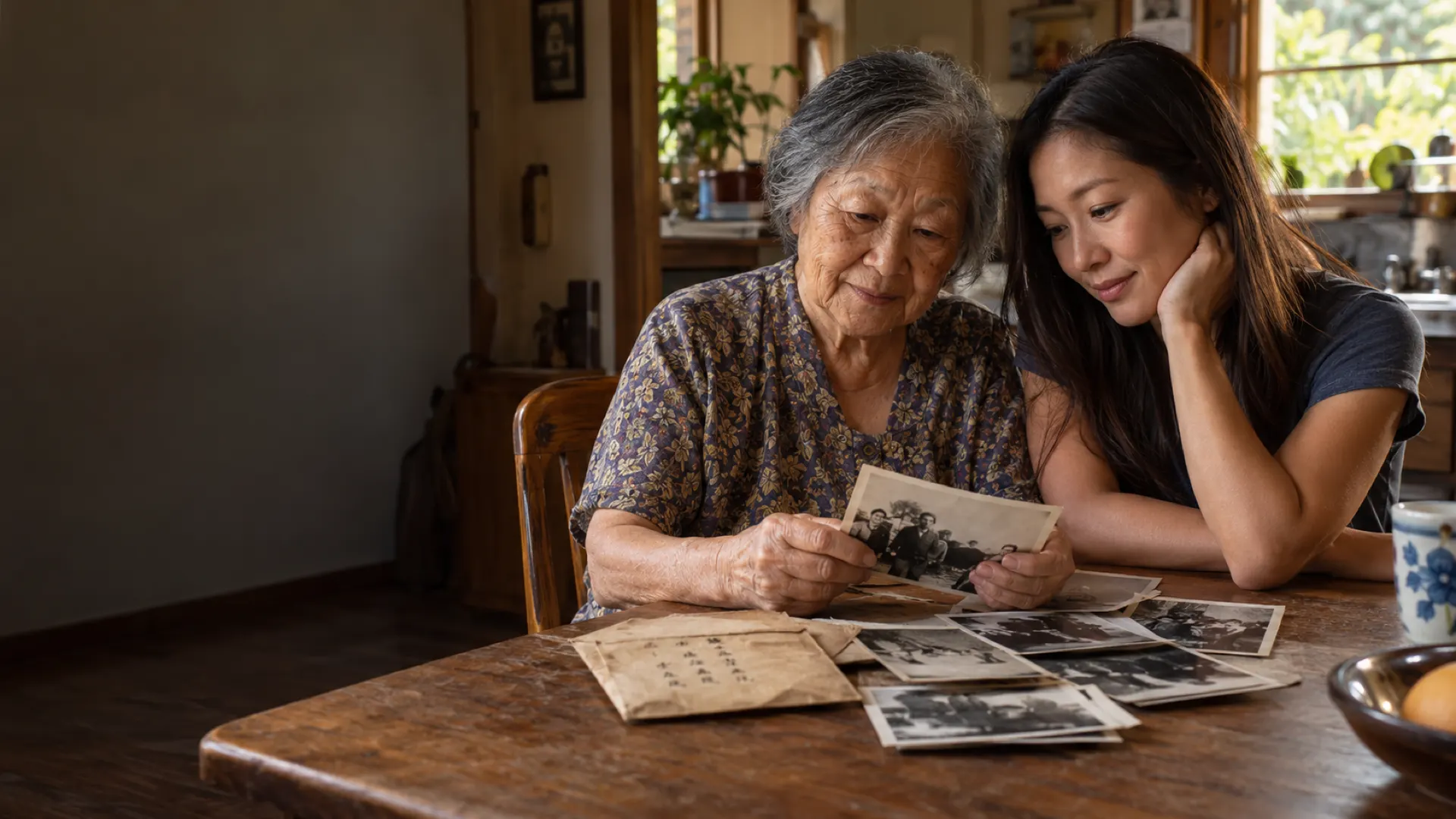 A grandmother and her granddaughter looking at old family photos at a kitchen table